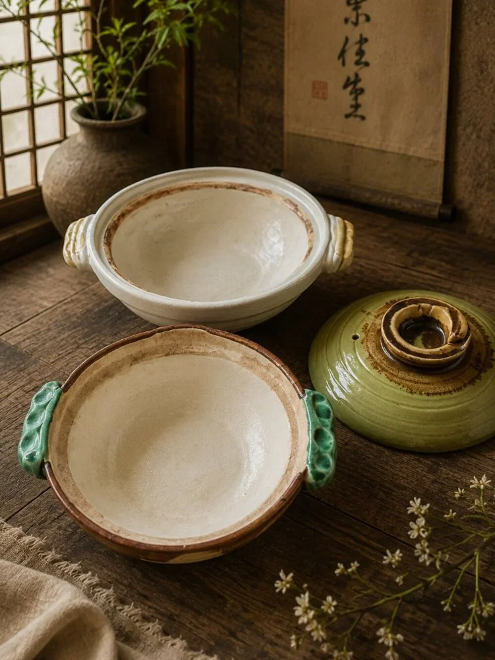 Rare Japanese Donabe Pottery Hot Pot Green-Glazed Lid Brown-Painted Ornate Base
